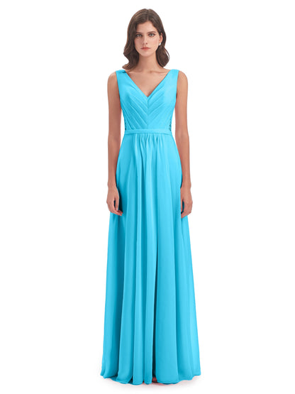 Kailee A-line V-neck Chiffon Long Bridesmaid Dresses