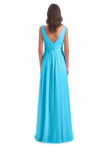 Kailee A-line V-neck Chiffon Long Bridesmaid Dresses