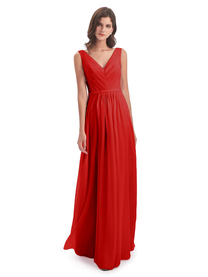 Kailee A-line V-neck Chiffon Long Bridesmaid Dresses