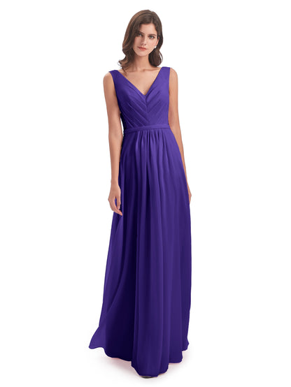 Kailee A-line V-neck Chiffon Long Bridesmaid Dresses