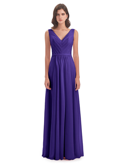 Kailee A-line V-neck Chiffon Long Bridesmaid Dresses