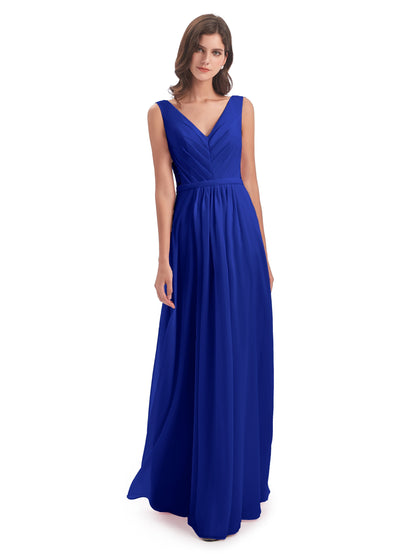 Kailee A-line V-neck Chiffon Long Bridesmaid Dresses