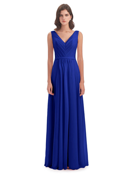 Kailee A-line V-neck Chiffon Long Bridesmaid Dresses