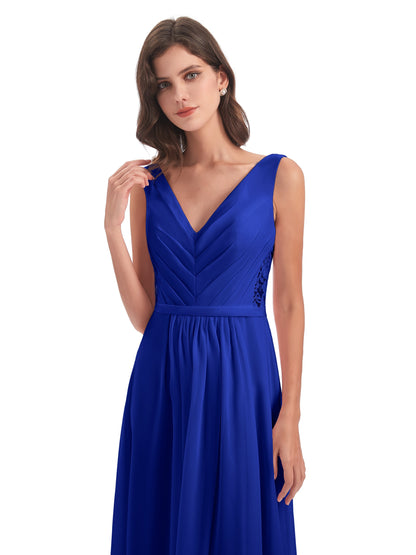 Kailee A-line V-neck Chiffon Long Bridesmaid Dresses