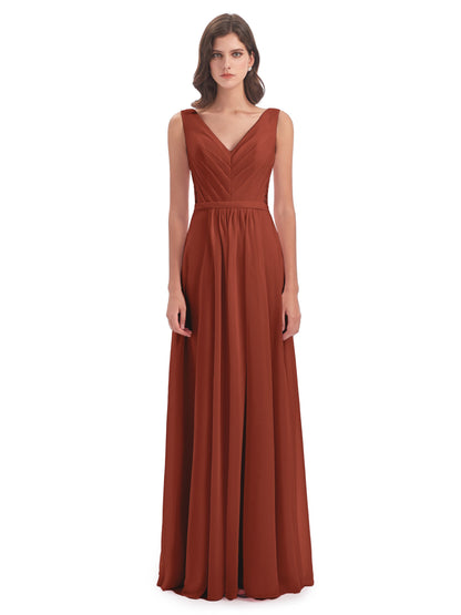 Kailee A-line V-neck Chiffon Long Bridesmaid Dresses