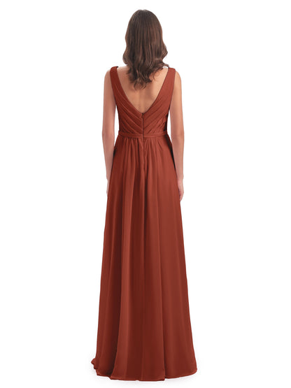 Kailee A-line V-neck Chiffon Long Bridesmaid Dresses