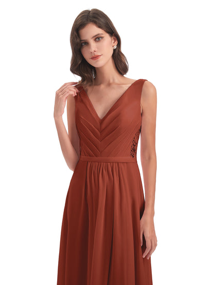 Kailee A-line V-neck Chiffon Long Bridesmaid Dresses