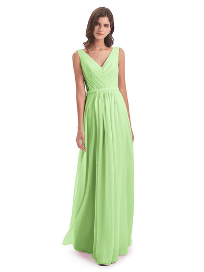 Kailee A-line V-neck Chiffon Long Bridesmaid Dresses