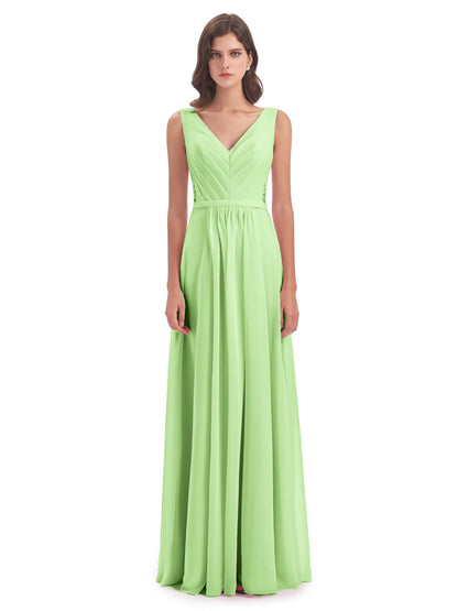 Kailee A-line V-neck Chiffon Long Bridesmaid Dresses