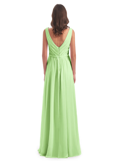 Kailee A-line V-neck Chiffon Long Bridesmaid Dresses