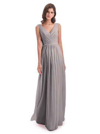 Kailee A-line V-neck Chiffon Long Bridesmaid Dresses