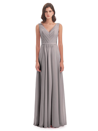 Kailee A-line V-neck Chiffon Long Bridesmaid Dresses