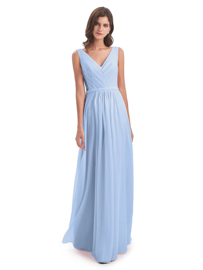 Kailee A-line V-neck Chiffon Long Bridesmaid Dresses
