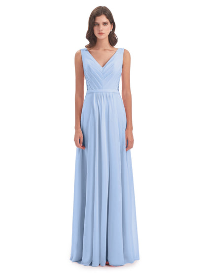 Kailee A-line V-neck Chiffon Long Bridesmaid Dresses