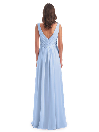 Kailee A-line V-neck Chiffon Long Bridesmaid Dresses