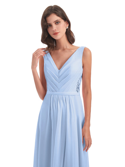 Kailee A-line V-neck Chiffon Long Bridesmaid Dresses