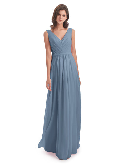Kailee A-line V-neck Chiffon Long Bridesmaid Dresses