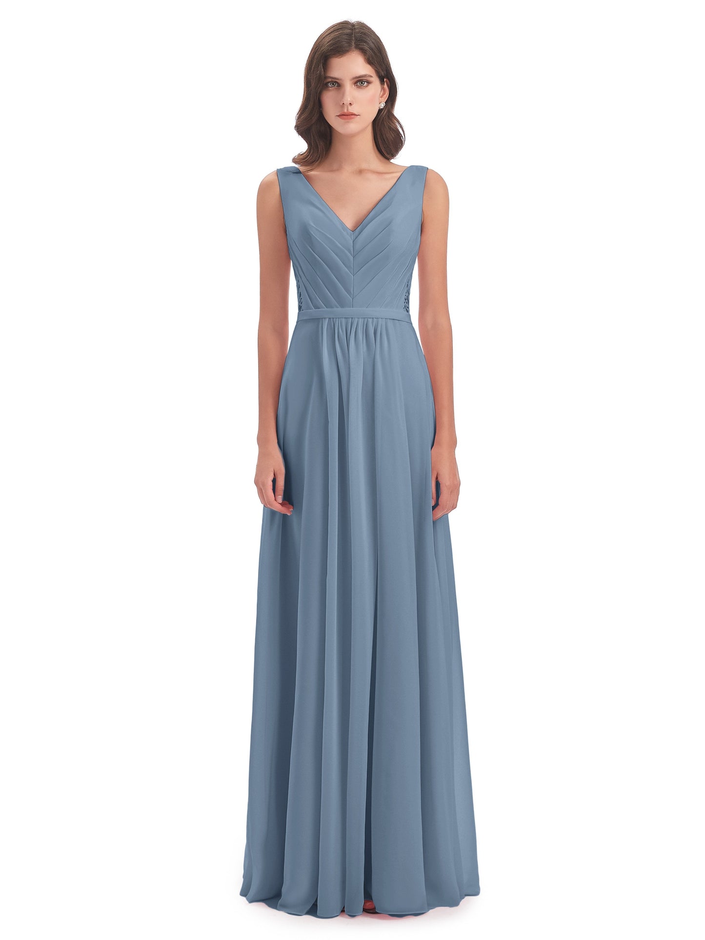 Kailee A-line V-neck Chiffon Long Bridesmaid Dresses