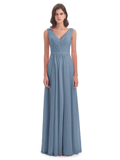 Kailee A-line V-neck Chiffon Long Bridesmaid Dresses