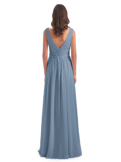 Kailee A-line V-neck Chiffon Long Bridesmaid Dresses