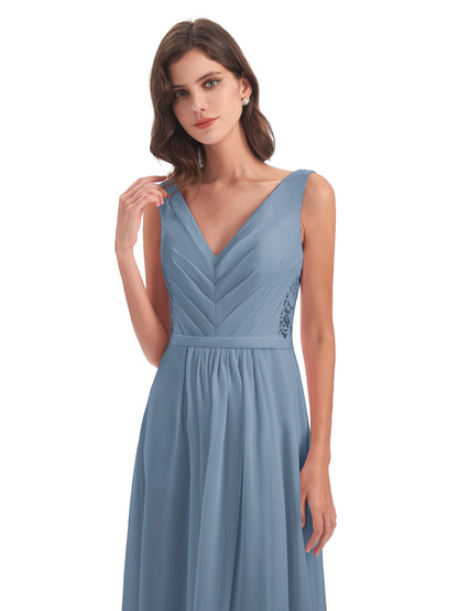 Kailee A-line V-neck Chiffon Long Bridesmaid Dresses