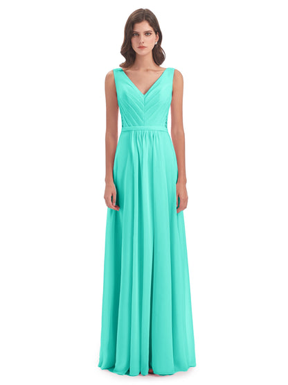 Kailee A-line V-neck Chiffon Long Bridesmaid Dresses