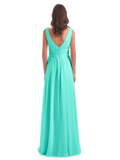 Kailee A-line V-neck Chiffon Long Bridesmaid Dresses