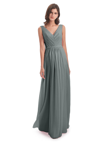 Kailee A-line V-neck Chiffon Long Bridesmaid Dresses