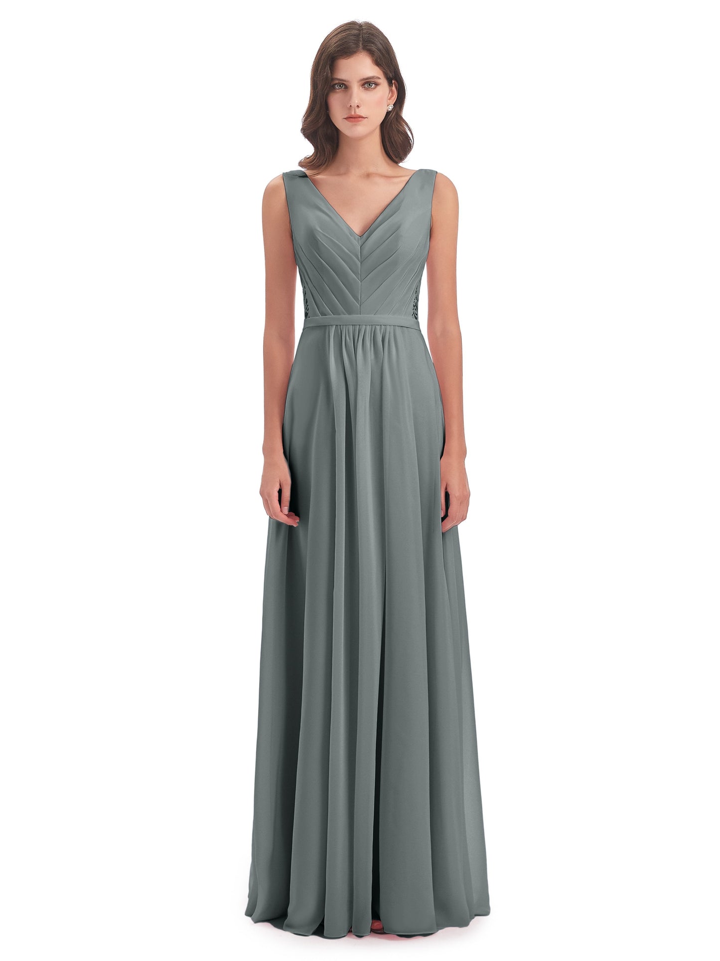 Kailee A-line V-neck Chiffon Long Bridesmaid Dresses
