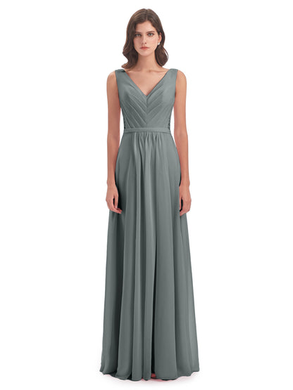 Kailee A-line V-neck Chiffon Long Bridesmaid Dresses