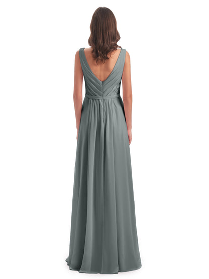 Kailee A-line V-neck Chiffon Long Bridesmaid Dresses