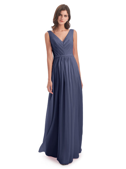 Kailee A-line V-neck Chiffon Long Bridesmaid Dresses