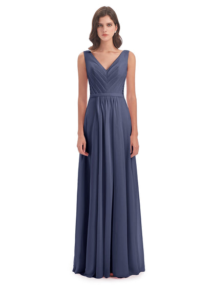 Kailee A-line V-neck Chiffon Long Bridesmaid Dresses