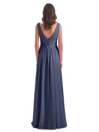 Kailee A-line V-neck Chiffon Long Bridesmaid Dresses