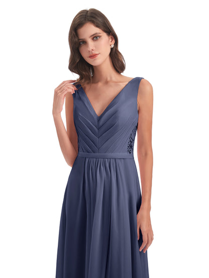 Kailee A-line V-neck Chiffon Long Bridesmaid Dresses