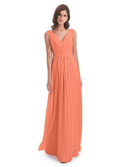 Kailee A-line V-neck Chiffon Long Bridesmaid Dresses