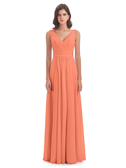 Kailee A-line V-neck Chiffon Long Bridesmaid Dresses