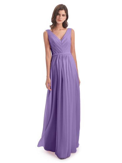 Kailee A-line V-neck Chiffon Long Bridesmaid Dresses