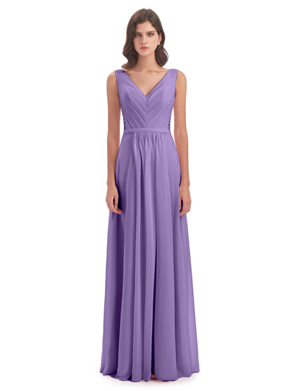 Kailee A-line V-neck Chiffon Long Bridesmaid Dresses
