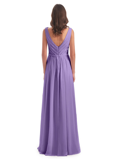 Kailee A-line V-neck Chiffon Long Bridesmaid Dresses