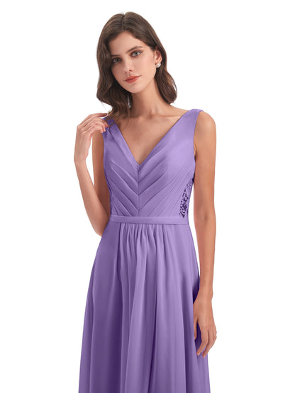 Kailee A-line V-neck Chiffon Long Bridesmaid Dresses
