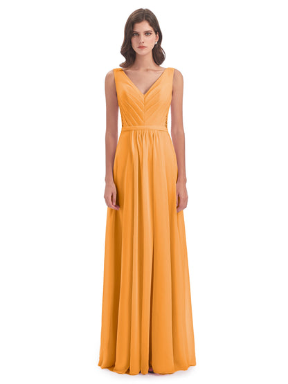Kailee A-line V-neck Chiffon Long Bridesmaid Dresses