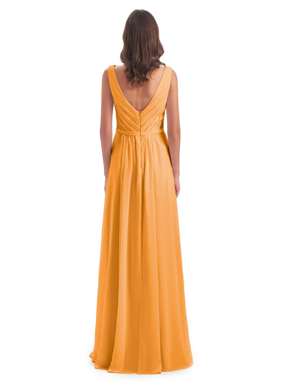 Kailee A-line V-neck Chiffon Long Bridesmaid Dresses