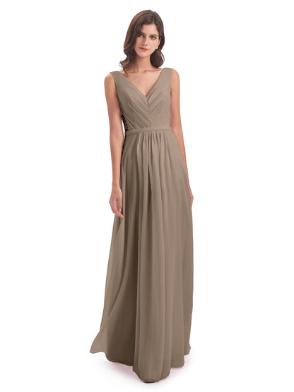Kailee A-line V-neck Chiffon Long Bridesmaid Dresses