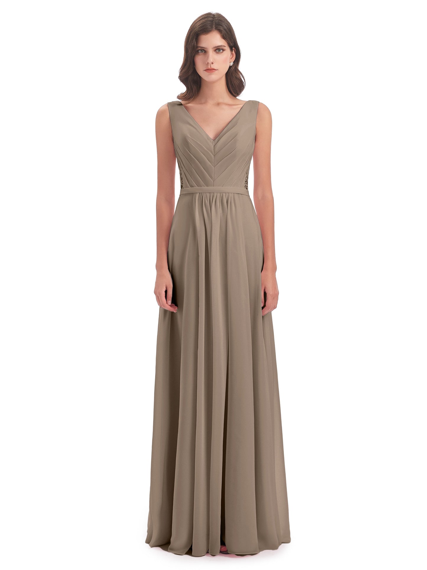Kailee A-line V-neck Chiffon Long Bridesmaid Dresses