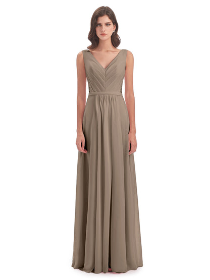 Kailee A-line V-neck Chiffon Long Bridesmaid Dresses