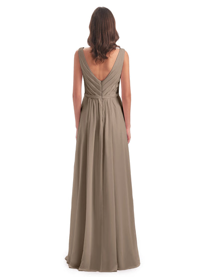 Kailee A-line V-neck Chiffon Long Bridesmaid Dresses