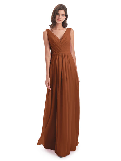 Kailee A-line V-neck Chiffon Long Bridesmaid Dresses