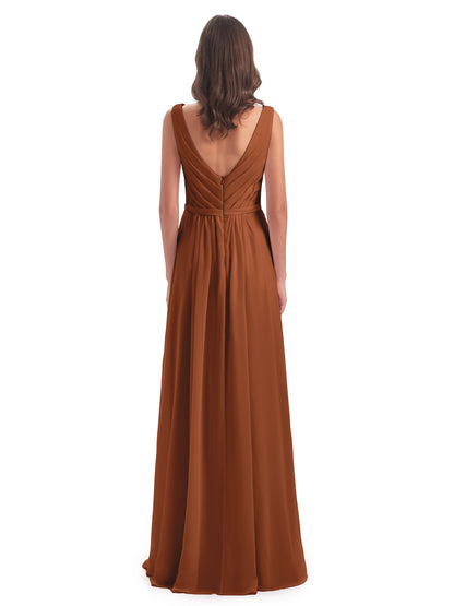 Kailee A-line V-neck Chiffon Long Bridesmaid Dresses