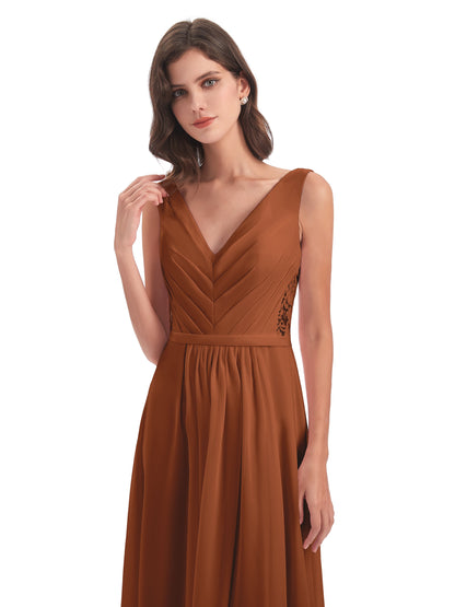 Kailee A-line V-neck Chiffon Long Bridesmaid Dresses